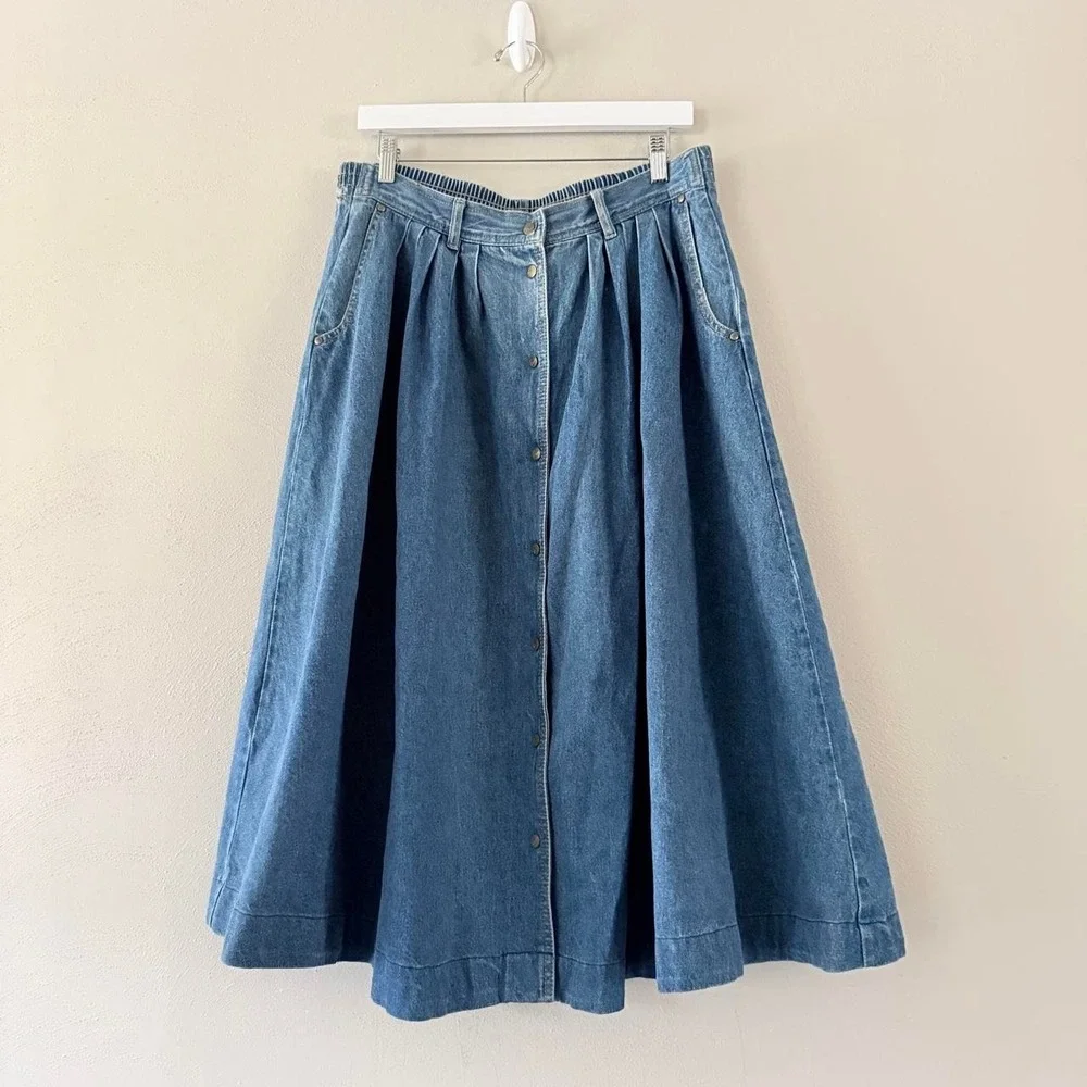 Vintage Women's Denim Midi Skirt Size 12 Button Front Pleated A-Line Cotton